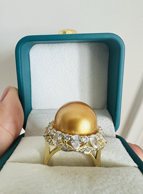 NATURBABY天然南洋金珠戒指925纯银豪镶正圆微微瑕浓茶金