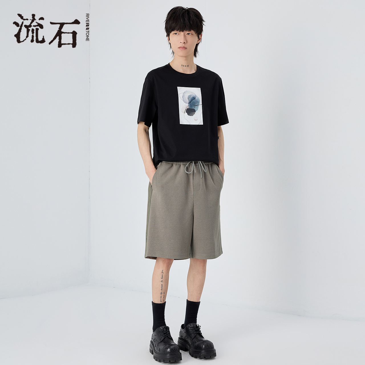 流石男装拼接重磅纯色针织短裤2025年夏季新款男士高端休闲直筒裤