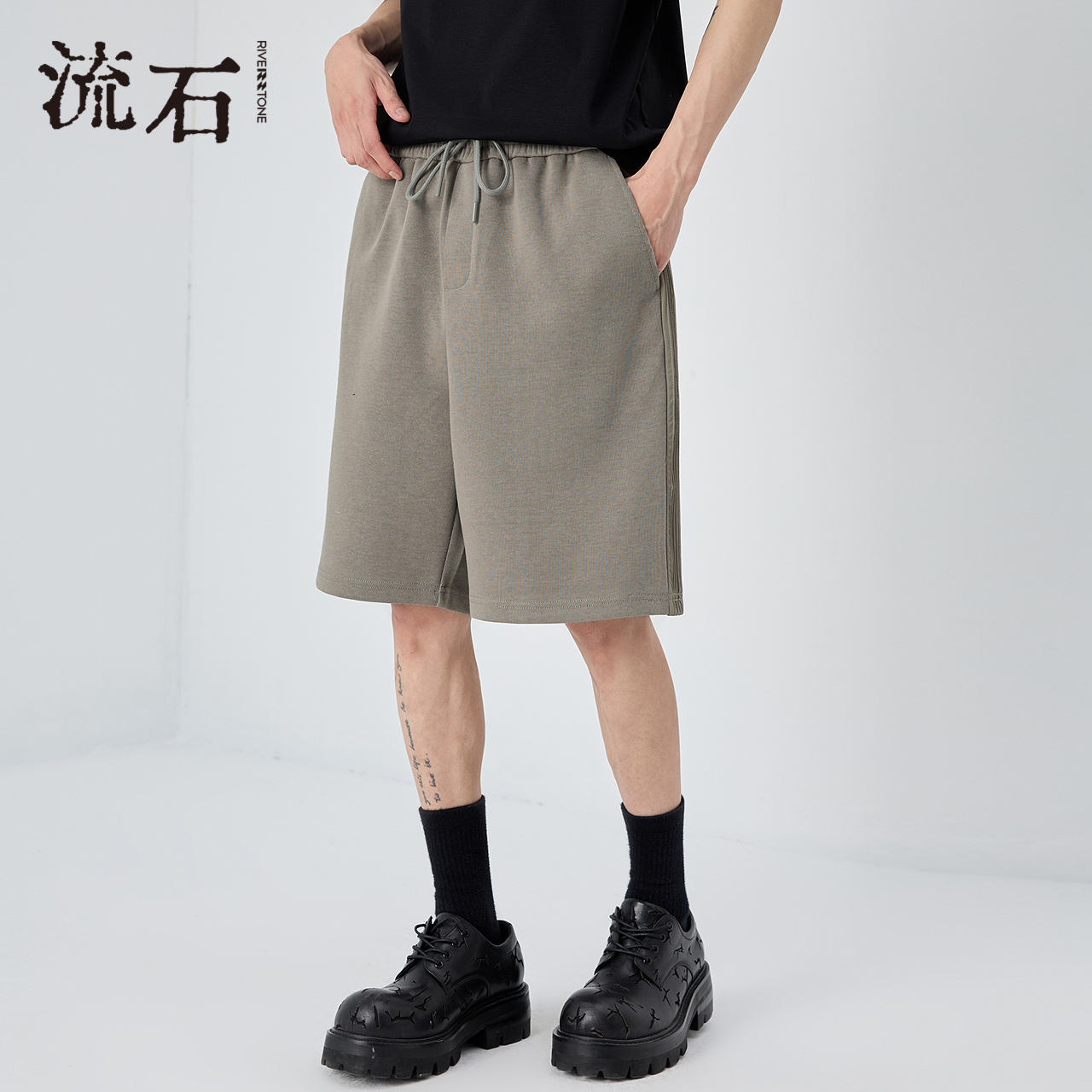 流石男装拼接重磅纯色针织短裤2025年夏季新款男士高端休闲直筒裤