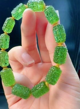 魅晶天然水晶晶体通透铬绿色雕刻回纹手链