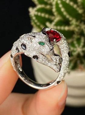 魅晶天然戒面料晶体通透正红尖晶石18k金镶嵌豹子戒指