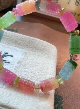 魅晶天然水晶晶体通透多色交织西瓜雕刻回纹手链