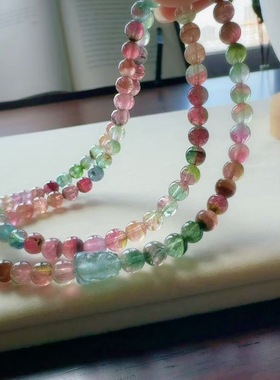 魅晶天然水晶晶体通透绚丽多彩的西瓜碧玺多圈手链