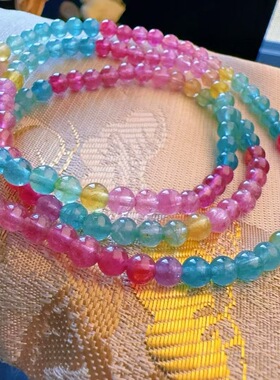 魅晶魅晶天然水晶晶体通透荧光色全彩碧玺佛珠多圈