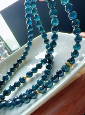 魅晶天然水晶晶体通透宝石蓝碧玺佛珠3圈项链挂链多用款