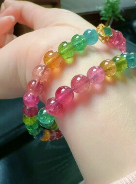 魅晶天然水晶晶体通透明艳彩虹碧玺双圈手链