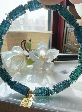 魅晶天然水晶晶体通透蓝碧玺回纹桶珠手串