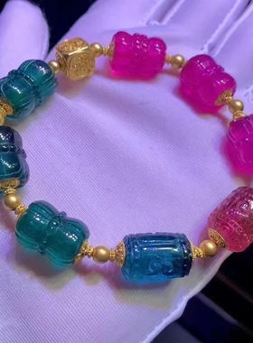 魅晶天然水晶晶体通透玻璃体红蓝色调碧玺莲花珠手链