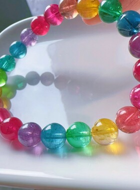 魅晶天然水晶晶体通透塔尖色标彩虹手链