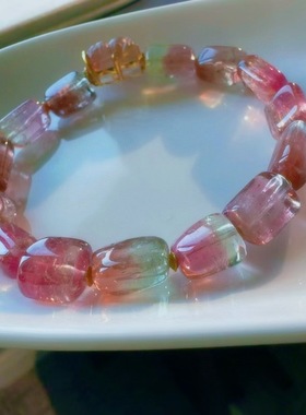 魅晶天然水晶晶体通透橙色调橘粉双色分带西瓜手链