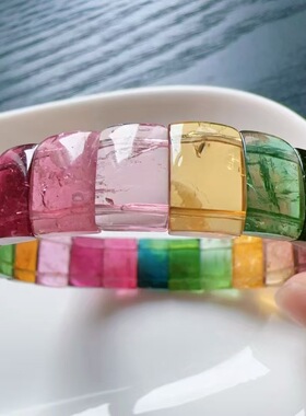 魅晶天然水晶晶体通透近玻璃体碧玺彩虹手排
