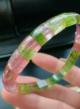 魅晶天然水晶晶体通透红绿色西瓜镯型碧玺手牌