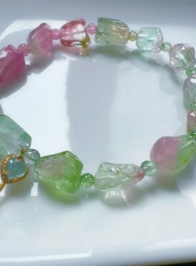 魅晶天然水晶晶体通透清透果绿色碧玺原石手链