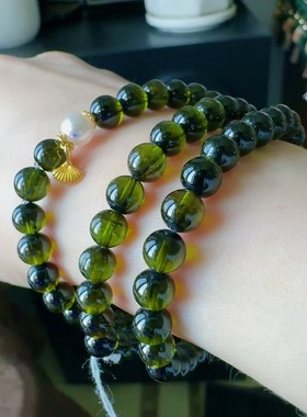 魅晶天然水晶晶体通透玻璃体浓绿碧玺多圈手链