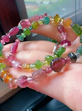 魅晶天然水晶晶体通透近玻璃体碧玺多宝双圈手链