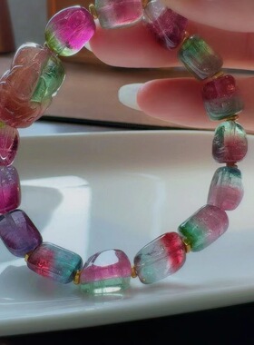 魅晶天然水晶晶体通透多色交织紫西瓜碧玺手链