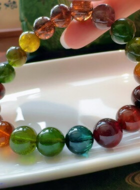 魅晶天然水晶晶体通透老矿色浓艳橙色调彩虹碧玺手链