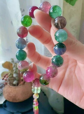魅晶天然水晶晶体通透色彩斑斓油亮质感西瓜碧玺手链