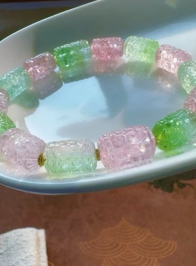 魅晶天然水晶晶体通透惊艳人鱼色金雕刻回纹珠手串