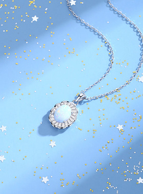 S925纯银白蓝欧泊花项链