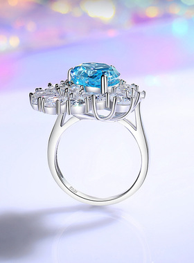 钻石之乡商丘人工人造钻石S925纯银海蓝宝石戒指精工奢华气质女士