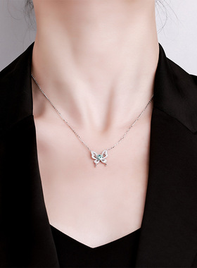 河南钻石商丘人工钻石925银马尔代夫蓝项链高级感轻奢锁骨链蝴蝶