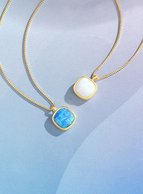 S925纯银梦幻圆角方欧泊项链