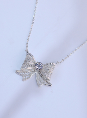 非遗成都银花丝925银蝴蝶结锆石项链