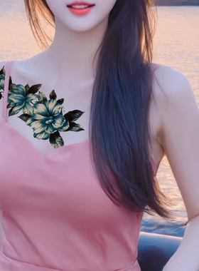 一次性锁骨贴饰青墨色纹身贴女牡丹花朵辣妹性感防水持久ins遮疤