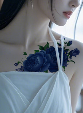 防水女持久辣妹新款纹身贴蓝色妖姬玫瑰花朵锁骨腹部腿手臂大图案