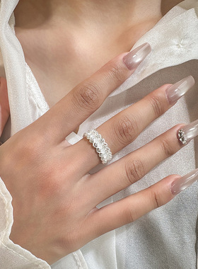 S925纯银法式蕾丝花边拉丝戒指轻奢中古vintage雕花镂空开口戒指