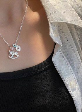 马年S925纯银碎冰冰木马项链女轻奢珐琅梦幻少女心小马锁骨链