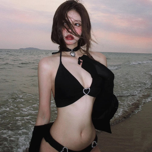 呆呆同款泳衣女性感比基尼聚拢胸罩衫三件套显瘦分体三角度假温泉 - 图0