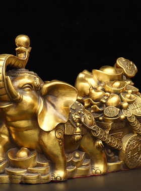 大象摆件纯铜象拉元宝象拉聚宝盆如意福象家居桌面装饰大号象拉车