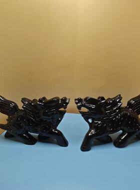 天然黑曜石麒麟瑞兽一对摆件