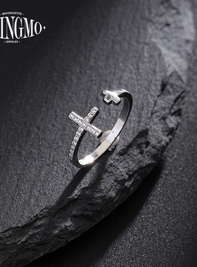 BLINGMO 925纯银双十字架镶钻开口可调节戒指饰品欧美情侣礼物