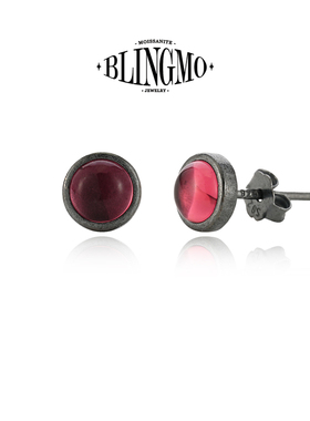 BLINGMO S925纯银红玻璃石做旧黑色硫化耳钉圆形个性潮流简约耳饰