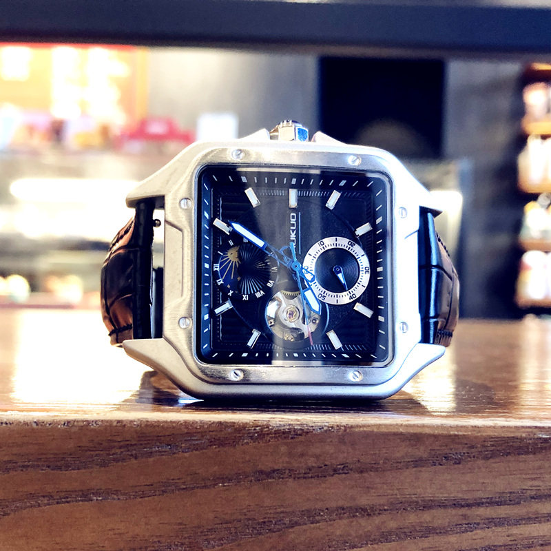 新款方形男士皮带潮流镂空全机械表 酷林手表国产腕表