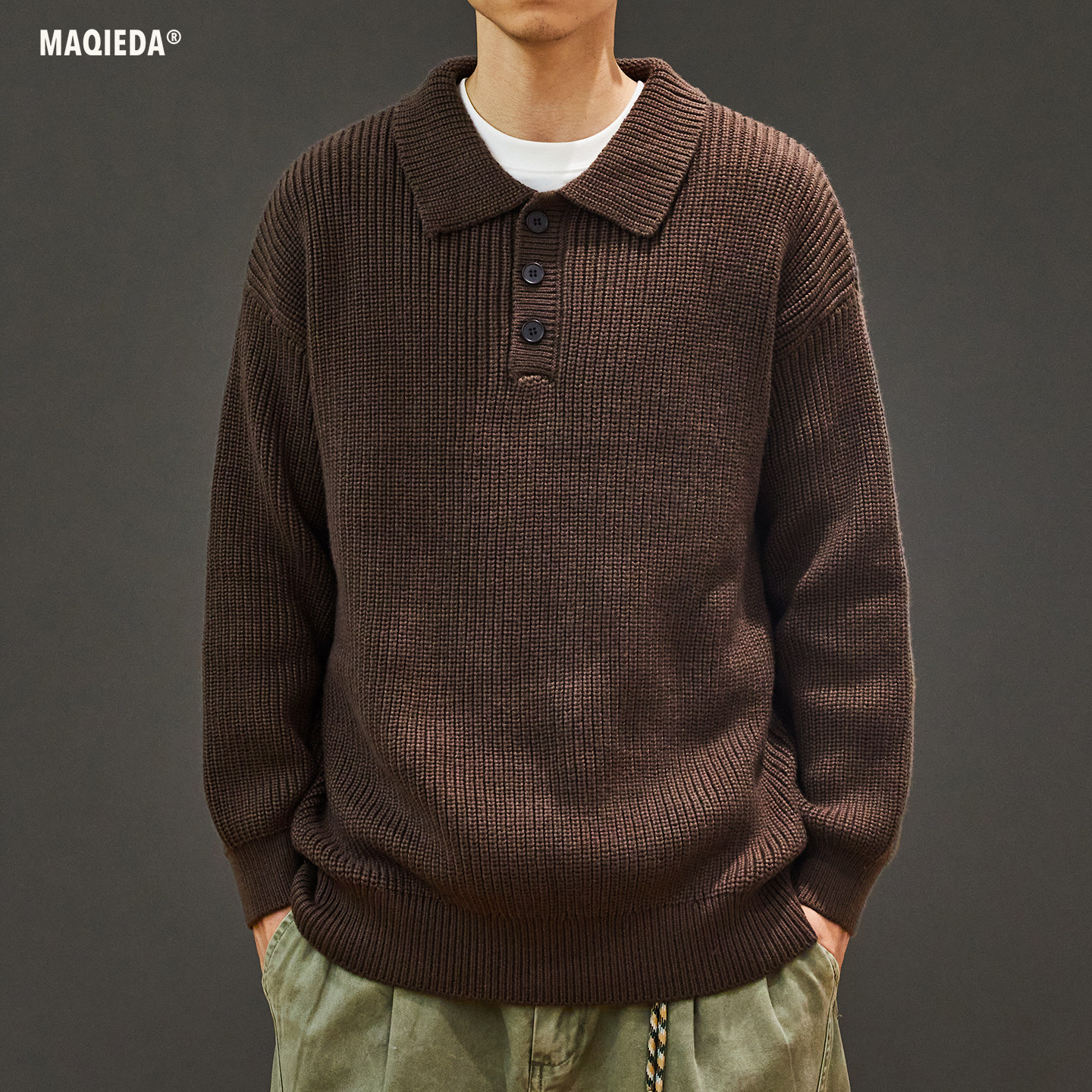 马切达秋季日系纯色休闲polo衫男士翻领百搭针织衫秋冬保暖毛衣潮,淘宝优惠券,粉丝福利购,淘宝优惠卷