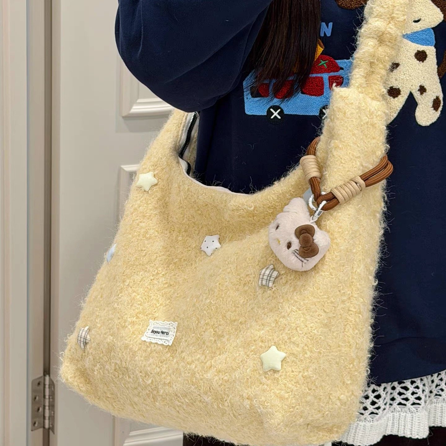 星星毛绒包包女 韩系ins风毛呢托特包大容量休闲旅行单肩包斜挎包,淘宝优惠券,粉丝福利购,淘宝优惠卷