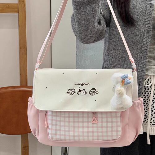 日系可爱少女邮差包包女百搭休闲帆布包大容量学生上课单肩斜挎包 - 图1