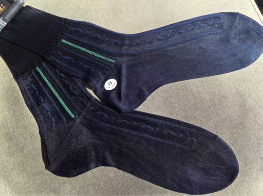 男士锦纶丝袜绿条纹花纹透气丝薄中筒松口不勒腿中老年商务正装