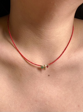 小北羊原创设计 极细红色印度琉璃珠项链锁骨链叠带女款多巴胺