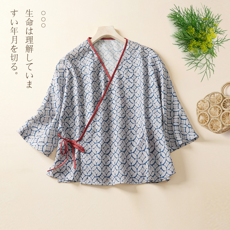 2022夏季新款女装斜襟系带短款印花亚麻纯苎麻女宽松棉麻衬衫
