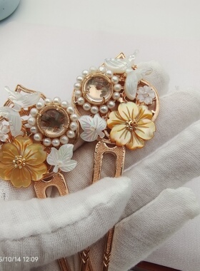 闲时原创汉服发饰蝶贝白水晶淡水珍珠发钗簪子日常百搭铜镀金保色