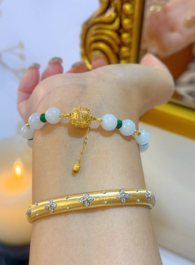 18k金1cm金珠8mm白玉手链危料干青翡翠手链女款手串白玉手串国风