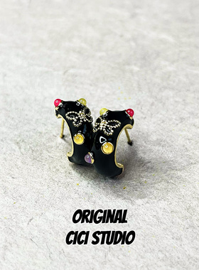 CICI摩登复古摩登新中式高级感黑色C形耳钉ins蝴蝶超精致宫廷耳环