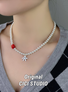 CICI STUDIO小众高级红色米奇珍珠项链女可爱百搭时尚甜酷多巴胺