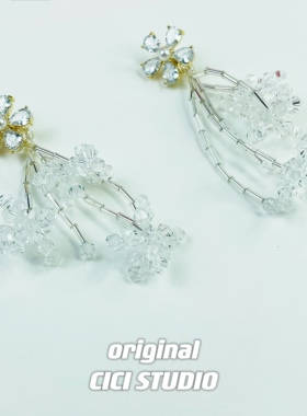 CICI冰雪奇缘雪花氛围感白色水晶气质两戴镀金S925银针耳钉耳环女