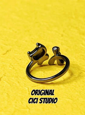 CICI STUDIO小众精工枪黑色猫咪戒指女蝴蝶结甜酷个性朋克开口戒